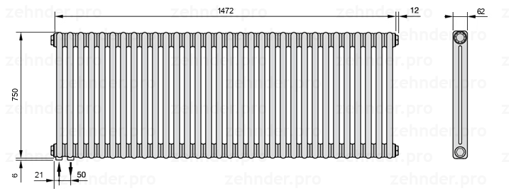 Схема (чертеж) Радиатор Zehnder Charleston 2075/32 №3370 Белый глянцевый RAL 9016